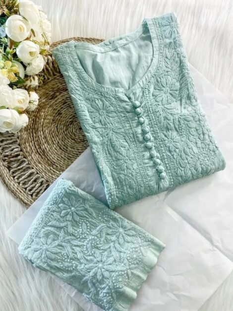 COTTON CHIKANKARI CO-ORDS - PISTA GREEN