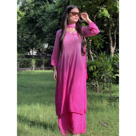 Dual-toned ombre chikankari set - Hot Pink