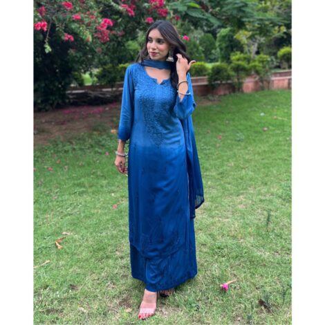 Dual-toned ombre chikankari set - Royal Blue
