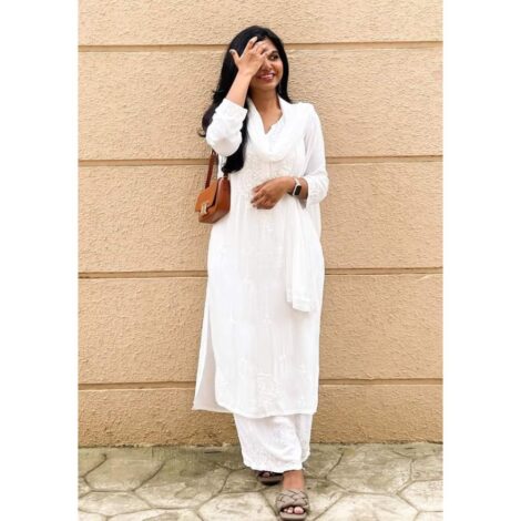 Dual-toned ombre chikankari set - White