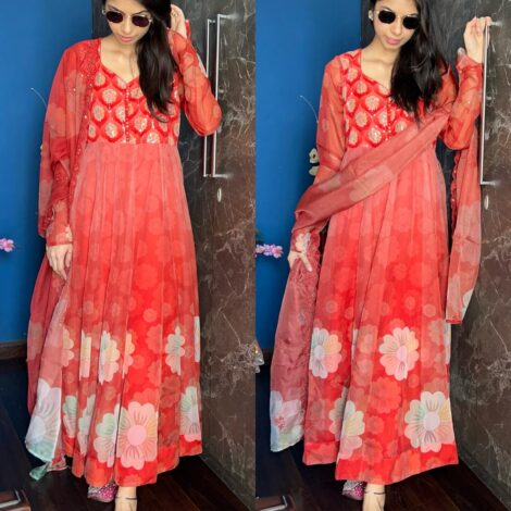 Soft Organza Floral Anarkali-Orange