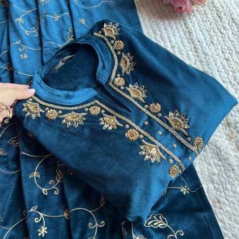 Woollen Hand Work Suit-Blue