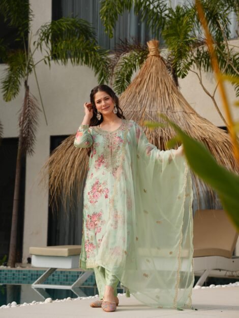 Kundan Organza Floral Suit-Pista Green