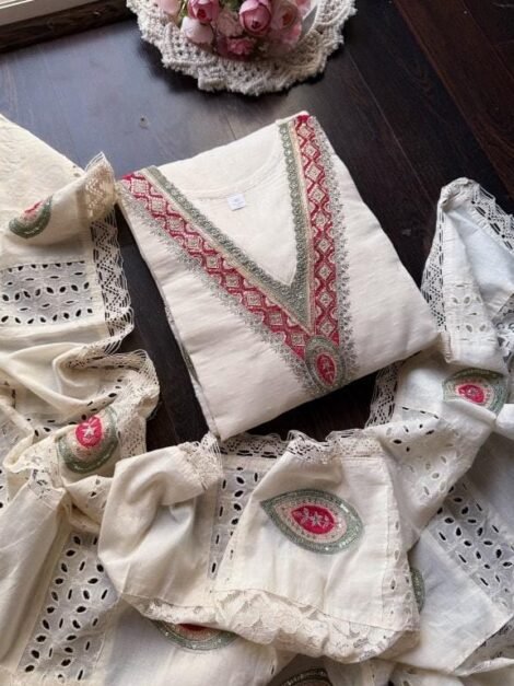Kora Cotton Embroidered Sciffli Suits -OFF WHITE