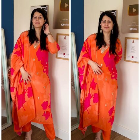 Premium Crepe V Neck Suit - Orange