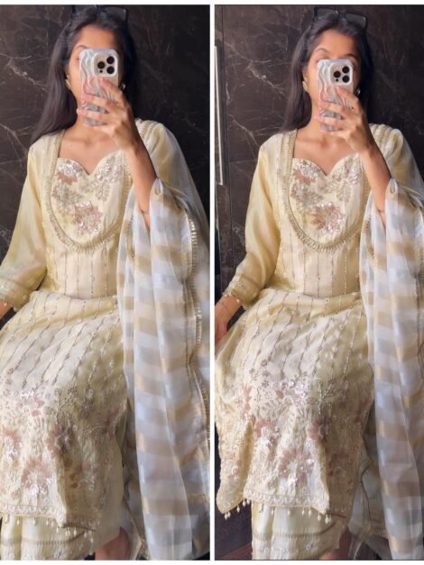 Straight Fit Zardoshi Hand work Ivory Gold Suit -