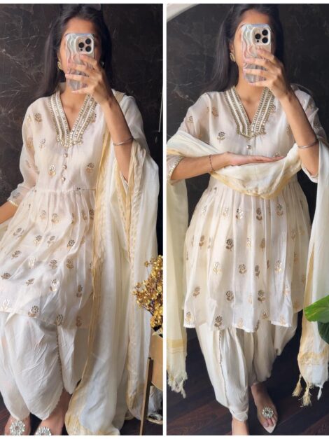 Premium Mul Chanderi Gotta Dhoti Set - Ivory