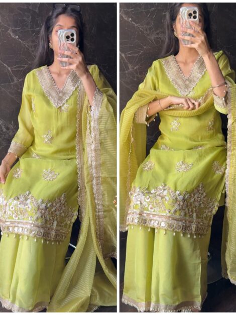 Premium Crepe Shimmer Zardoshi Hand work Suit- Lime Green