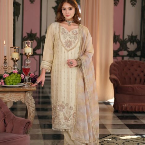 Straight Fit Zardoshi Hand work Ivory Gold Suit -