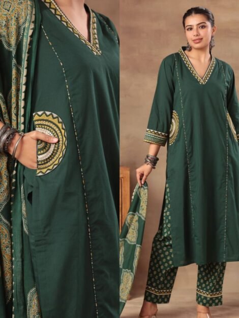 Stylish Embroidered Cotton Pocket Suit -GREEN