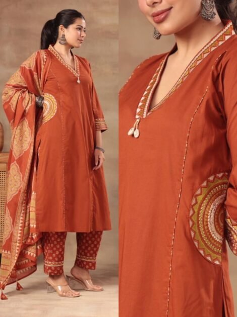 Stylish Embroidered Cotton Pocket suits -Rust orange