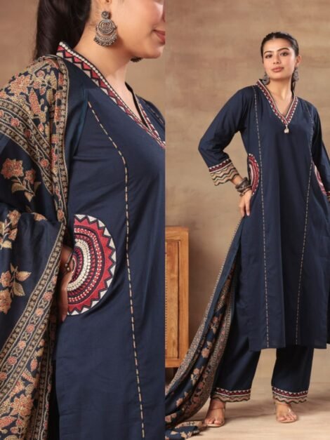 Stylish Embroidered Cotton Pocket Suit -Navy blue
