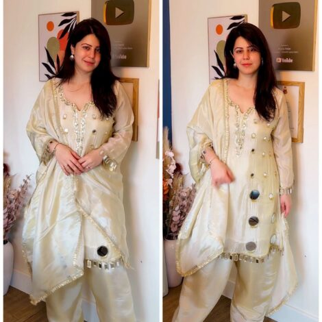 Boho Farsi Mirror Work Tissue Shimmer Suit - Ivory
