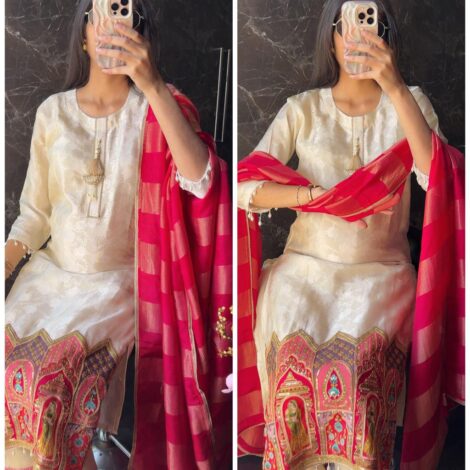 Premium Tissue Silk Embroidered Fit - ivory