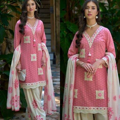 Premium Sciffli Farshi Suit -Pink