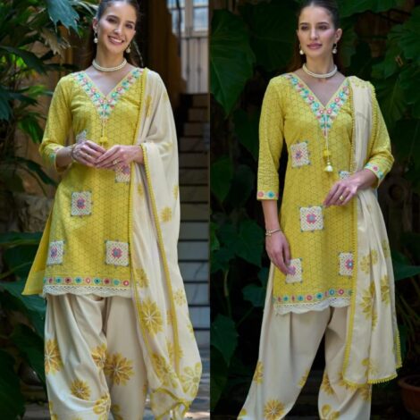 Premium Sciffli Farshi Suit -Yellow