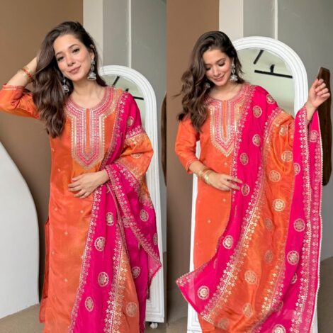 Premium Tissue silk embroidered suit - Rust Orange