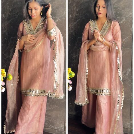 Premium crush tissue mirror work suit -Pastel Pink