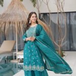Premium Chinnon Sharara Set- Rama Green
