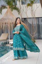 Premium Chinnon Sharara Set- Rama Green