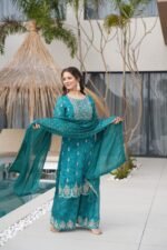 Premium Chinnon Sharara Set- Rama Green - Image 3