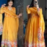 Floral Organza Anarkali-Mustrard