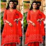 Bandhej Pure Crepe Aline Suit-Bright Red