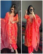 Pure Viscose Organza Suit- Orange - Image 2