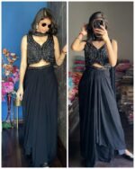 Embellished Blouse Lungi Set-Black