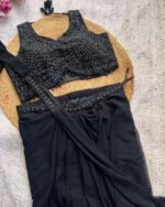 Embellished Blouse Lungi Set-Black - Image 2