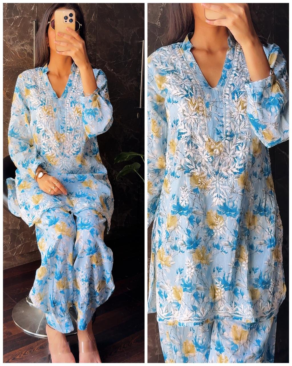 WhatsApp-Image-2025-05-09-at-13.09.57.jpeg Chikankari Afghan Mul Cotton Coords - Blue - Image 1