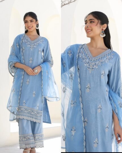 Cotton Flex Pakistani Embroidery Suit-POWDER BLUE