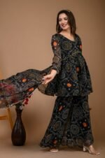 Premium Bandhej Chiffon Sharara Set-BLACK - Image 2