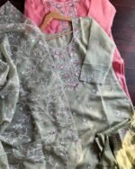 Premium shimmer Organza Embroidery Suit -Pista Green - Image 2