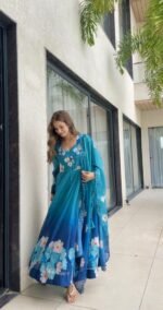 Premium Ombre Chiffon Anarkali  Teal - Image 2