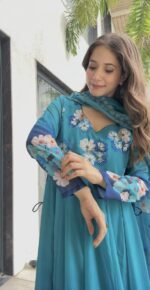 Premium Ombre Chiffon Anarkali  Teal - Image 3