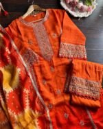 Premium Cotton Muslin Suit - Orange - Image 3