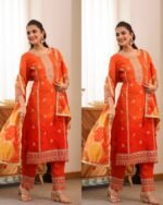 Premium Cotton Muslin Suit - Orange - Image 2