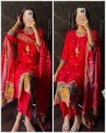 Premium Embroidered Russian Silk Suit Red - Image 2