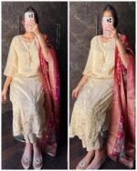 Premium Golden ivory Tissue with Hand work - Viscose Dupatta - Image 2