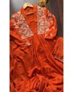 Premium Embroidered Mul Cotton Anarkali - Rust - Image 3