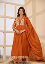 Premium Embroidered Mul Cotton Anarkali - Rust - Image 2