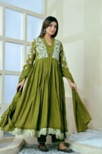 Premium Embroidered Mul Cotton Anarkali – Mehendi Green - Image 2