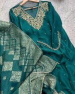 Premium Farsi Afgaan Dola Silk Hand work Suit -Rama Green - Image 2