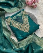Premium Farsi Afgaan Dola Silk Hand work Suit -Rama Green