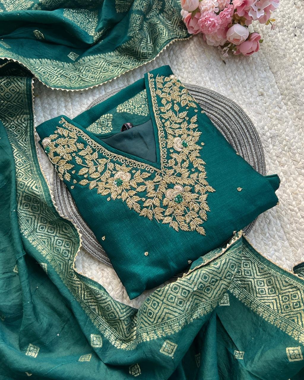 WhatsApp-Image-2026-01-01-at-16.22.48-3.jpeg Premium Farsi Afgaan Dola Silk Hand work Suit -Rama Green - Image 1