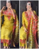 Premium Crepe Tissue Meenakari Suit - lime Yellow - Image 3
