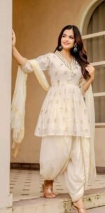 Premium Mul Chanderi Gotta Dhoti Set - Ivory - Image 2