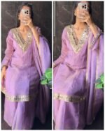 Premium Pure Tissue Mirror work Flared Bottom set -Lavender