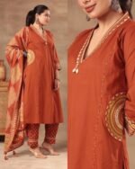 Stylish Embroidered Cotton Pocket suits -Rust orange - Image 2